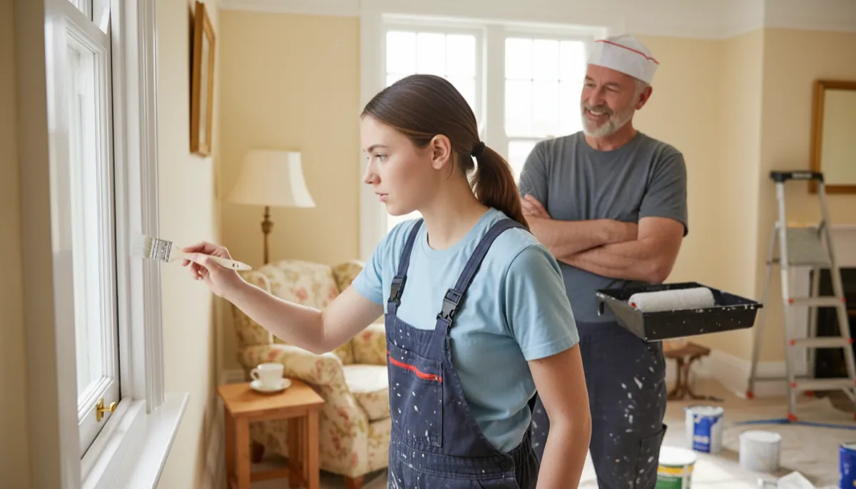 A young British painting apprentice carefully cutting in paint around a window frame in a bright British living room, experienced decorator supervising nearby