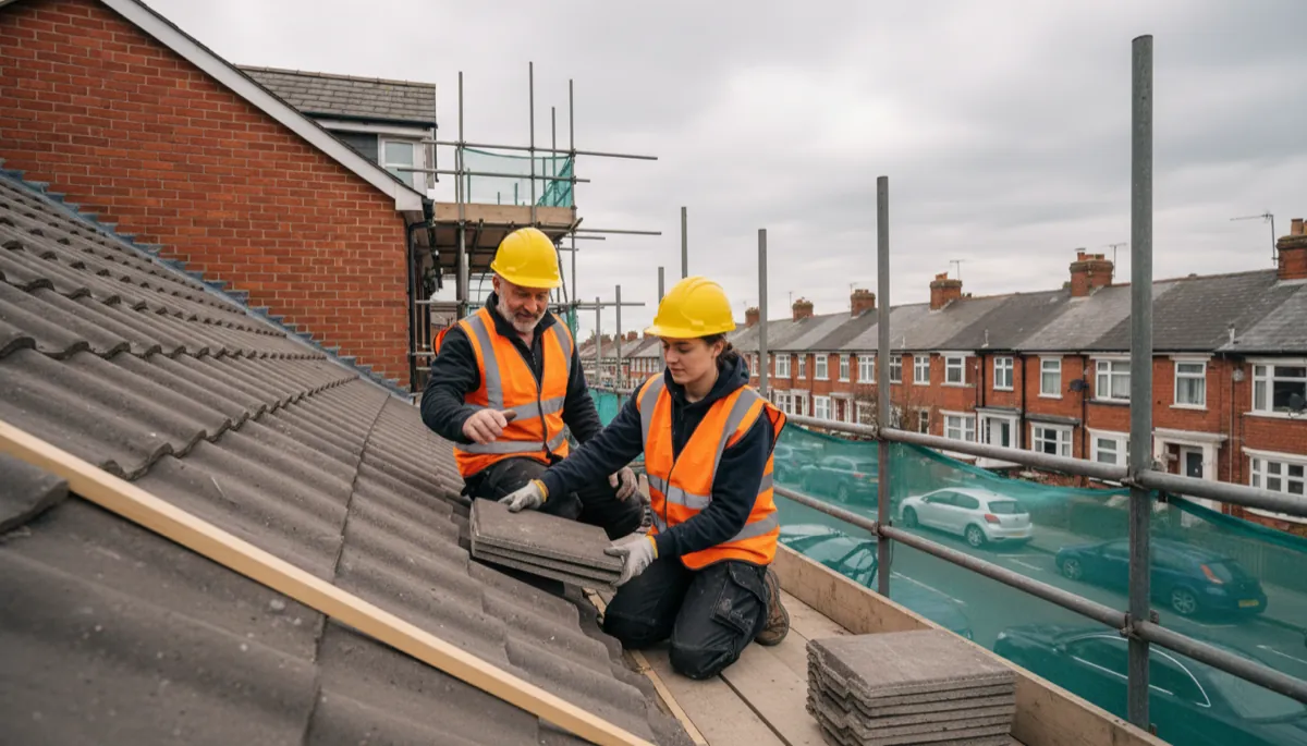 A young roofing apprentice in hard hat and hi-vis learning to lay concrete roof tiles on a scaffolded British terraced house, experienced roofer supervising