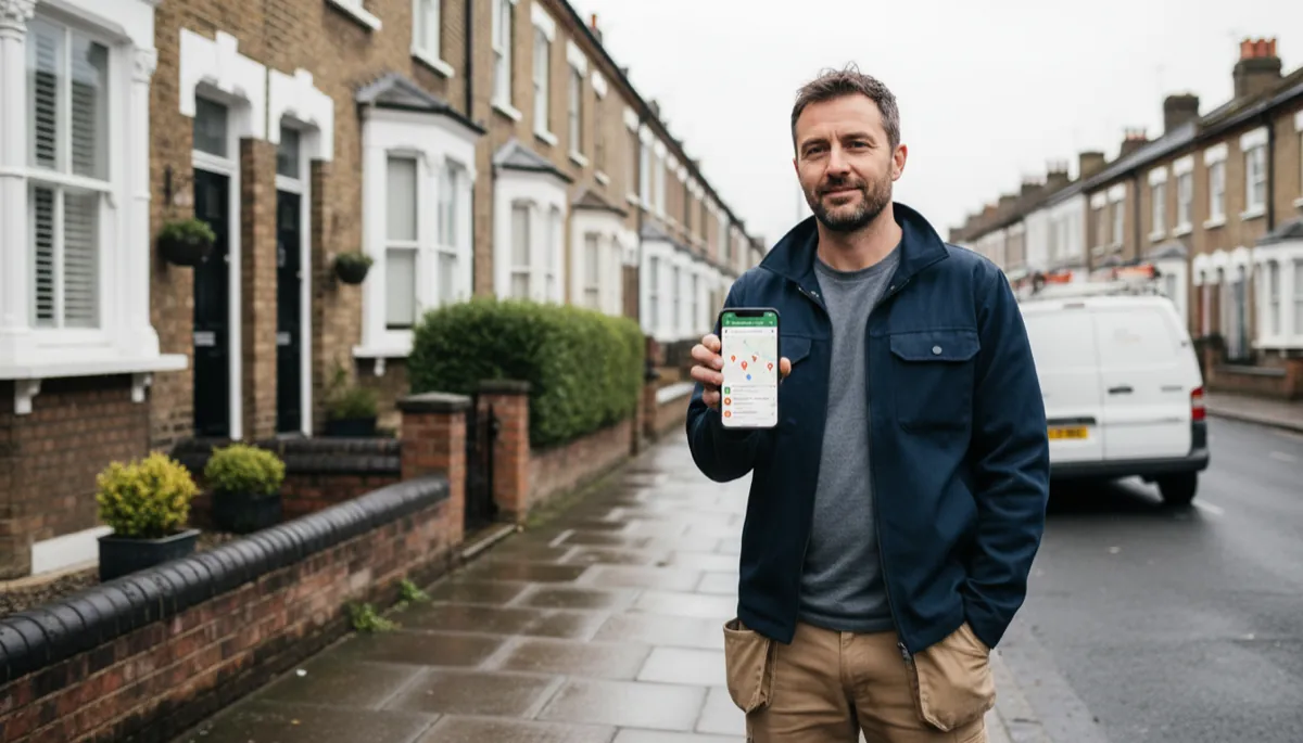 A tradesman checking Google reviews on a smartphone