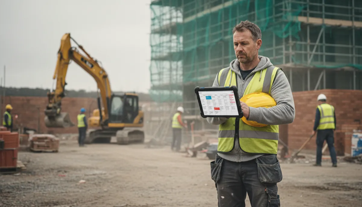 A busy British builder reviewing a fully packed job schedule on a tablet at a construction site