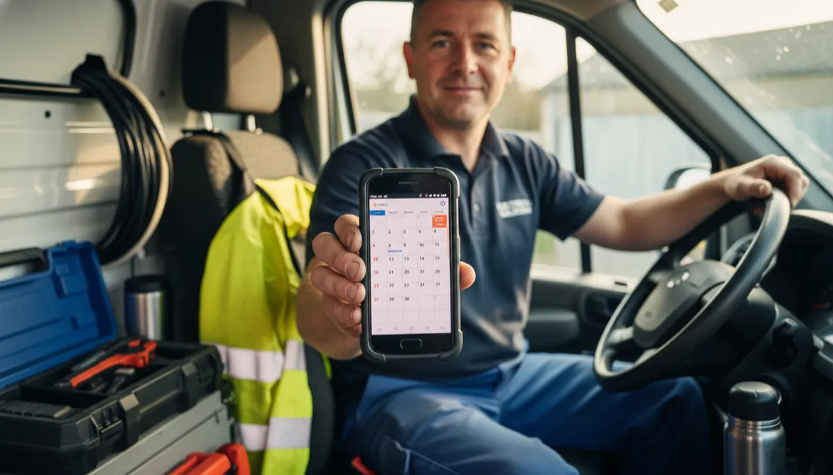 A British electrician checking his fully booked appointment calendar on a smartphone in his work van cab