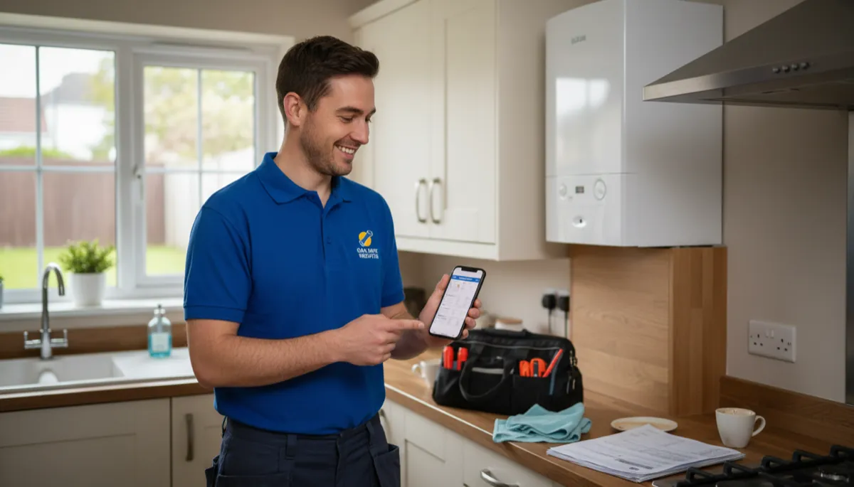 A Gas Safe heating engineer reviewing a fully booked diary on a smartphone in a customer's kitchen after completing a boiler service