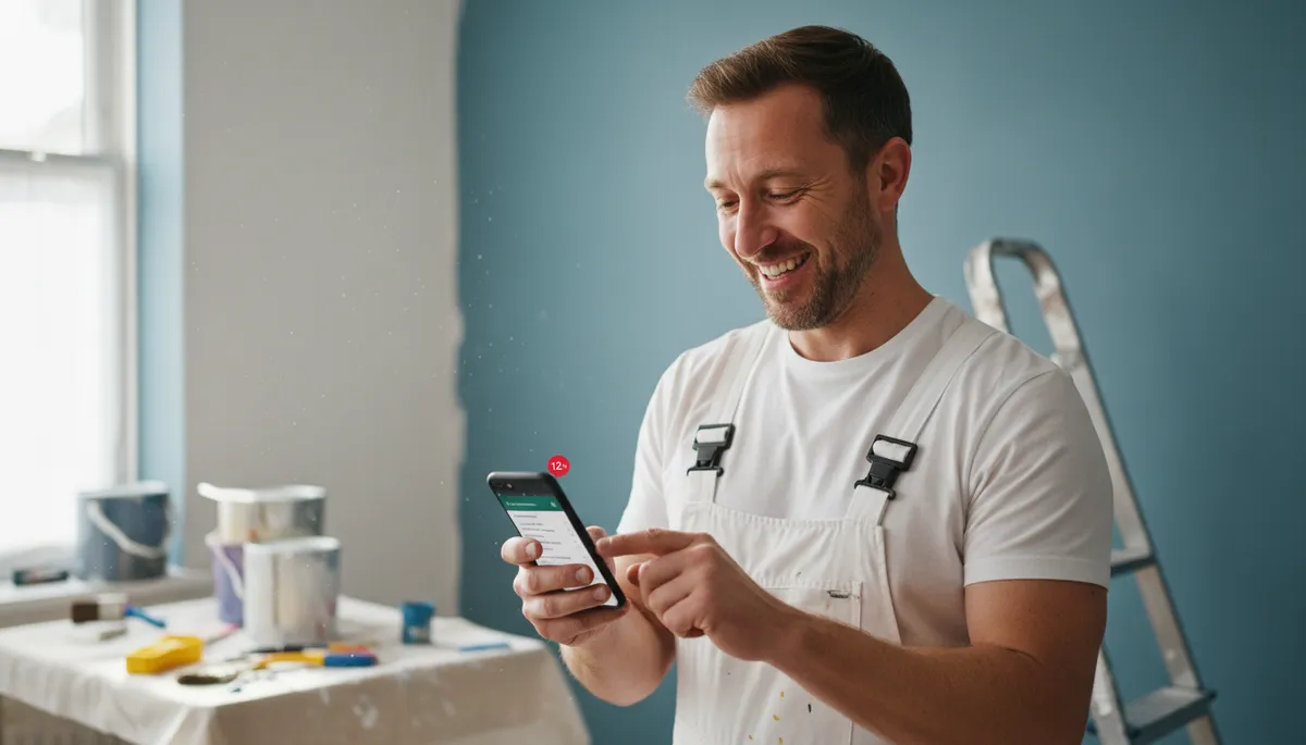 A British decorator checking multiple incoming job enquiry messages on a smartphone between decorating jobs