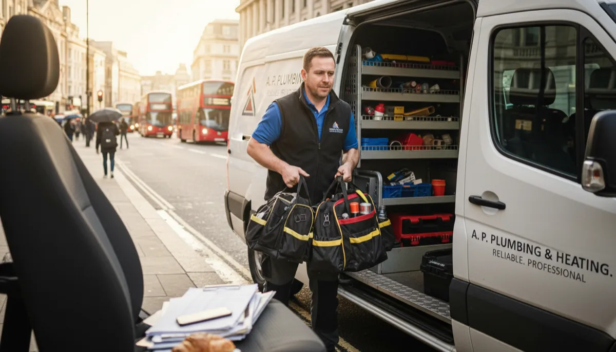 A busy British plumber loading multiple tool bags into the back of his white van, job sheets visible on the passenger seat
