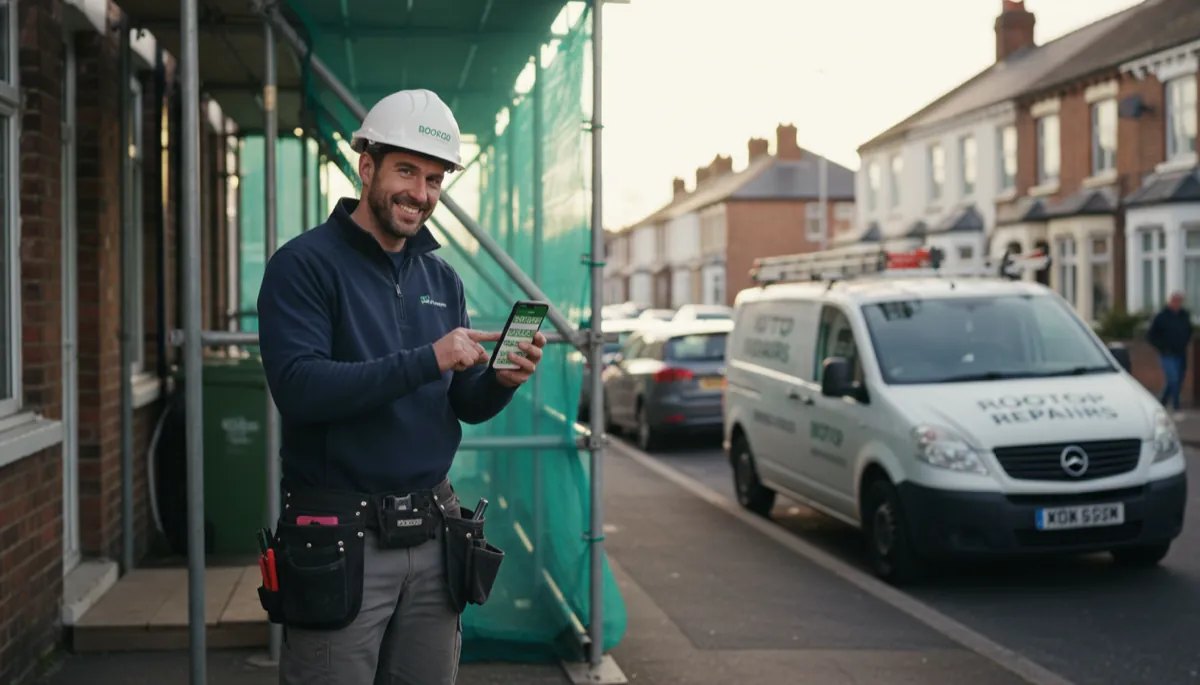 A British roofer reviewing a fully booked job schedule on his smartphone beside scaffolding on a residential street