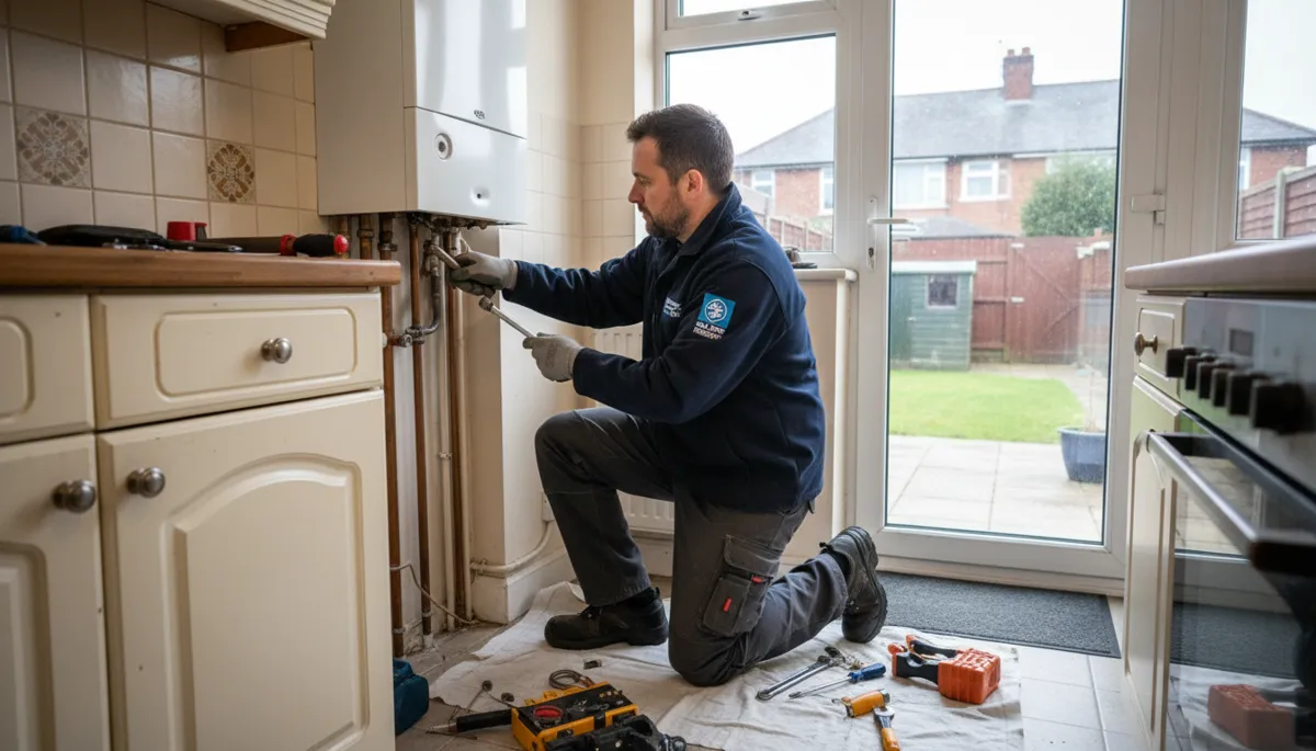 A happy homeowner giving a glowing recommendation on the phone to a friend while their tradesperson finishes up