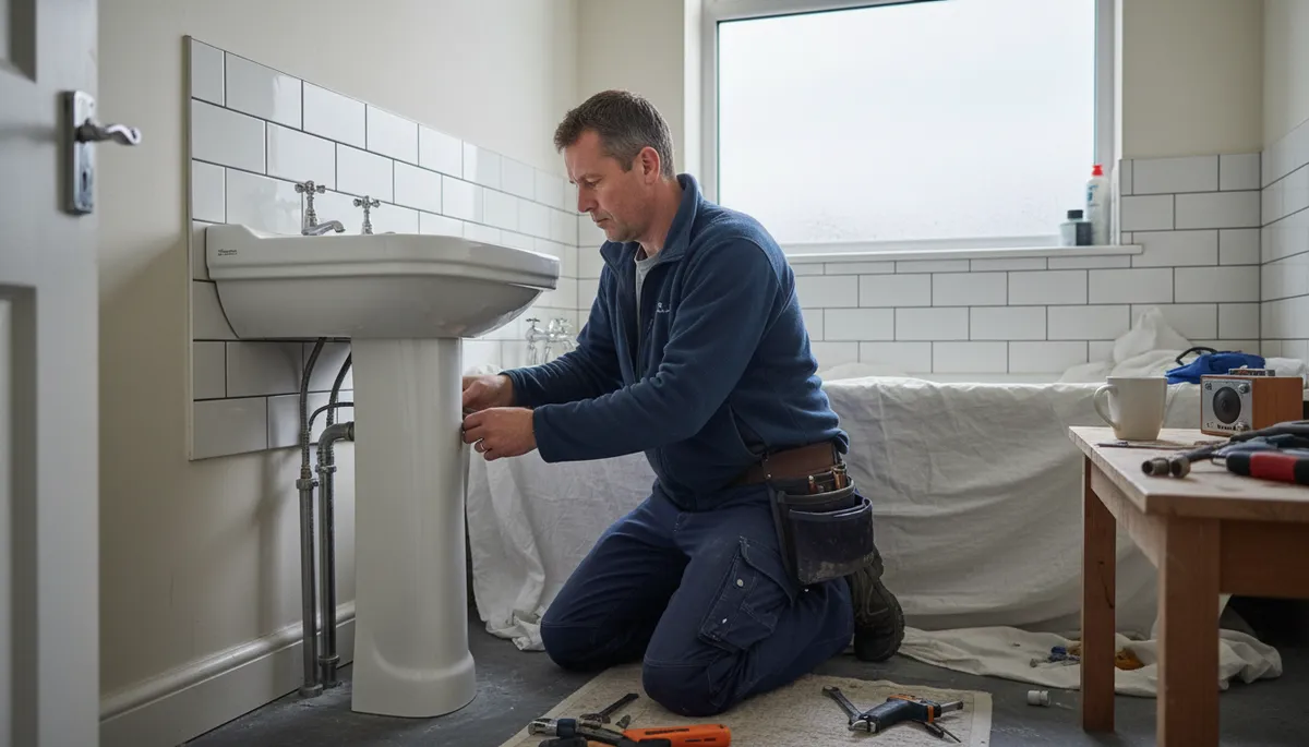 A British bathroom-fitter in work clothes at work in a typical British residential setting