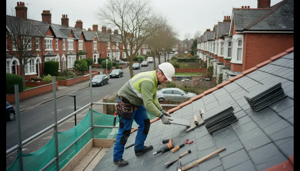A British roofer in work gear on a roof at work in a typical British residential setting