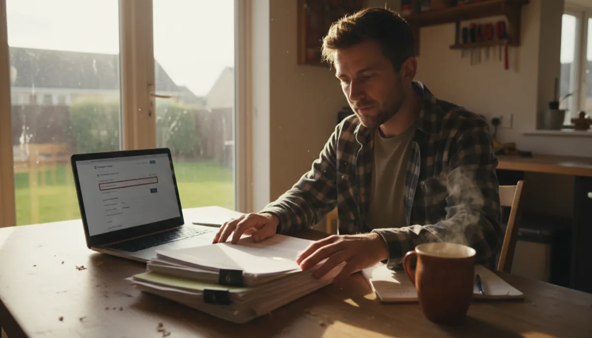 A British carpenter in his late twenties sitting at a kitchen table reviewing a stack of business startup paperwork and a Companies House website on a laptop