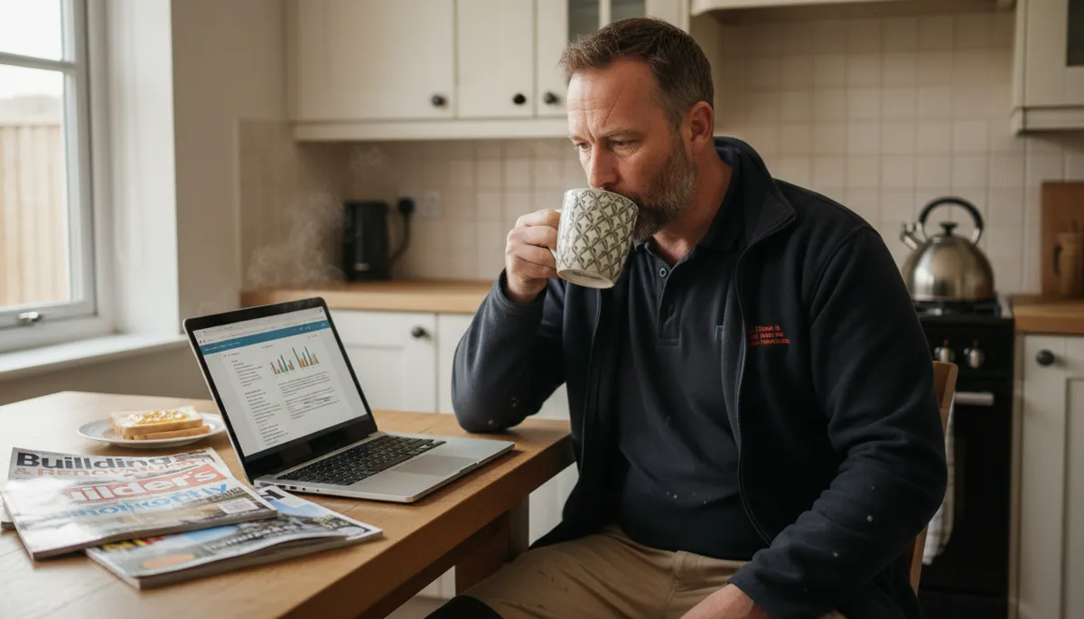 A British builder reviewing a new business startup plan on a laptop at a kitchen table, mug of tea beside him, construction trade magazines on the table