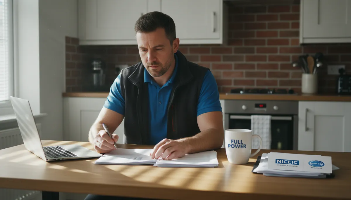 A British electrician reviewing startup business paperwork at a kitchen table with a laptop open, coffee mug, and professional trade association documents spread out