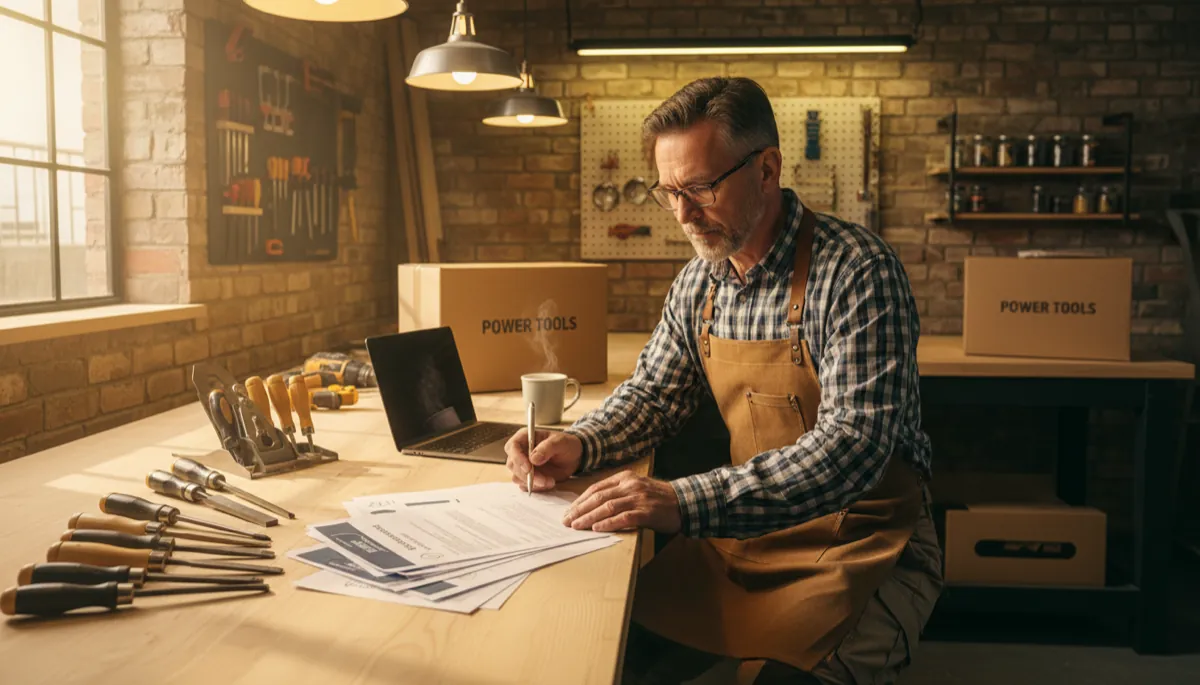 A British joiner reviewing new business startup paperwork at his newly established workshop bench, fresh tool layout, clear workspace