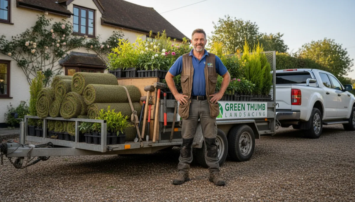 A British landscaper standing in front of a fully loaded trailer with landscaping equipment — turf rolls, paving tools, plant trays — ready to head to the first job
