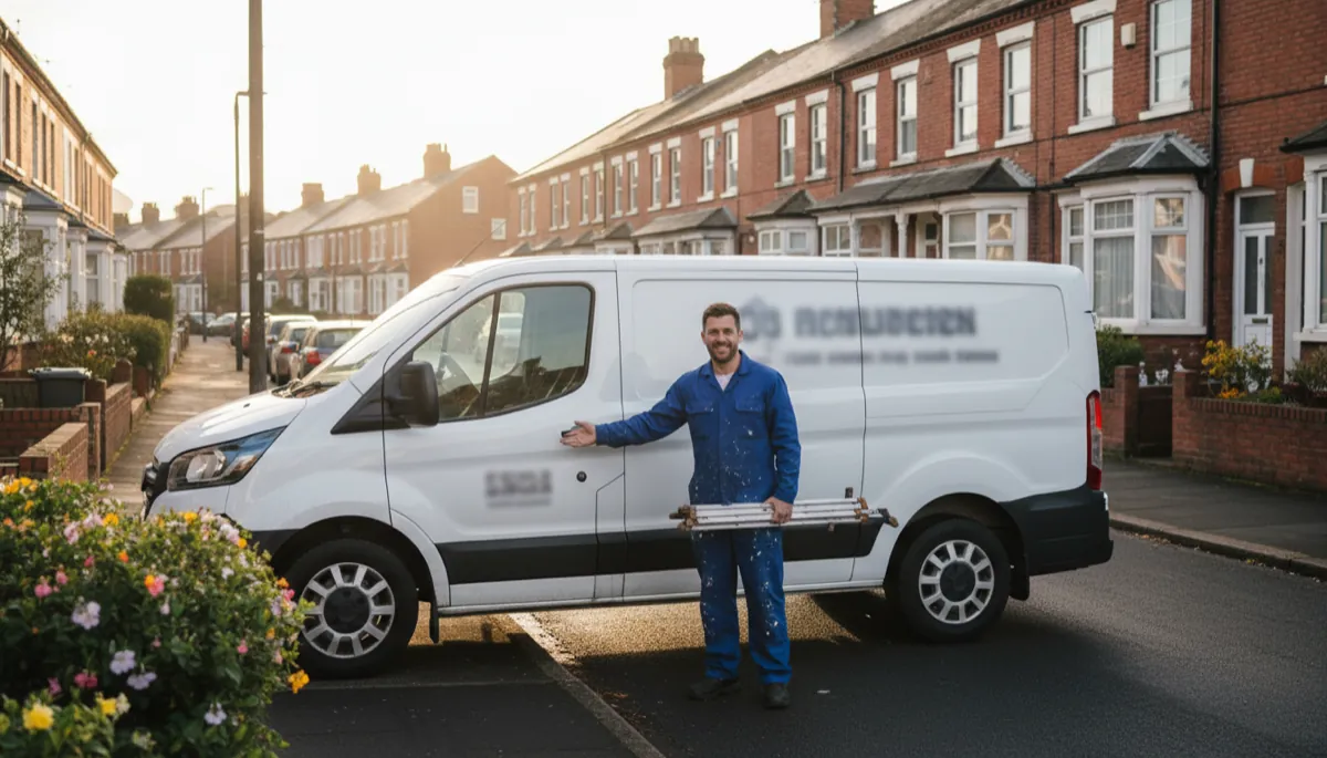 A British decorator setting up their first branded van with freshly applied signage on the side of a white van (text unreadable), residential British street