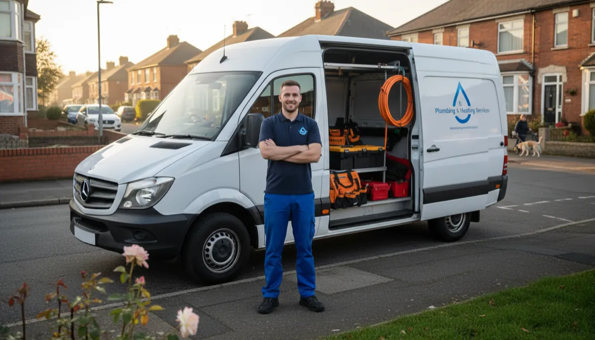 A newly self-employed British plumber standing proudly beside his first van with fresh business signage (text unreadable)