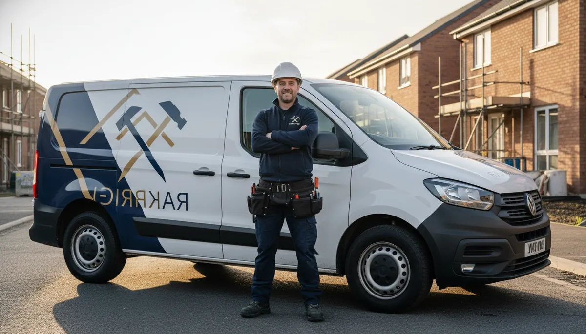 A British roofer standing in front of his first branded van with a new company sign on the side