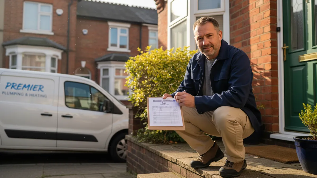 A British tradesperson writing a professional job quote on a clipboard at a customer's property