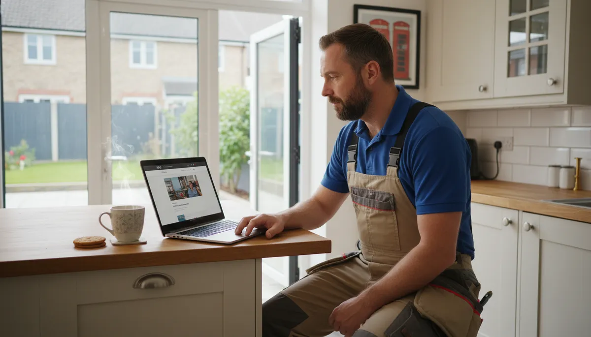 A British tradesperson in work clothes looking at a professional business website on a laptop in their kitchen