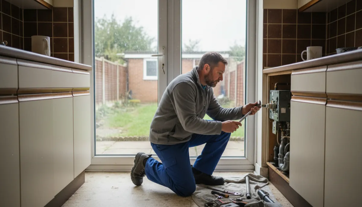 A British tradesperson in work clothes at work in a typical British residential setting