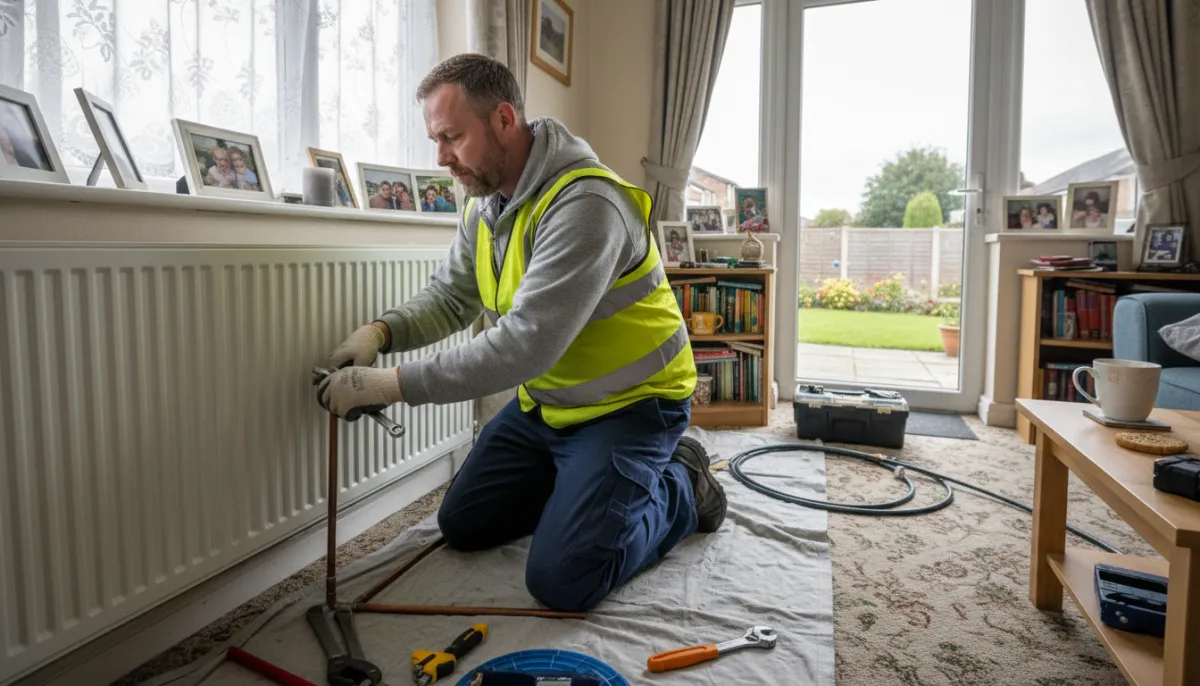 A British tradesperson in work clothes at work in a typical British residential setting