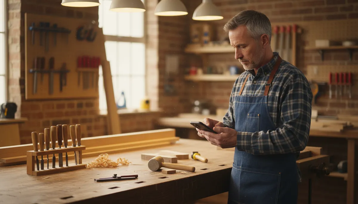 A British joiner in a tidy workshop reviewing a job quote on his smartphone, timber workbench and hand tools visible behind him