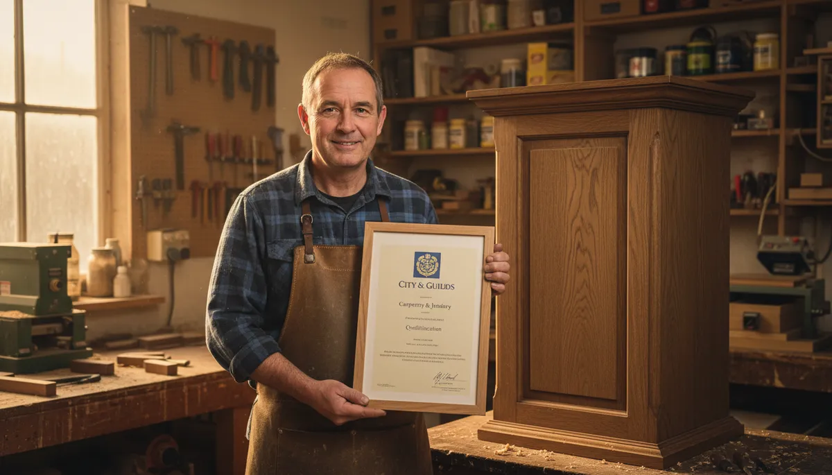 A British joiner holding a City & Guilds joinery qualification certificate in a workshop