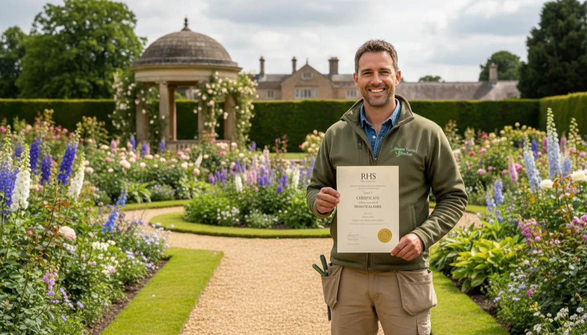 A British landscaper holding an RHS Level 2 Horticulture certificate in a well-maintained British show garden