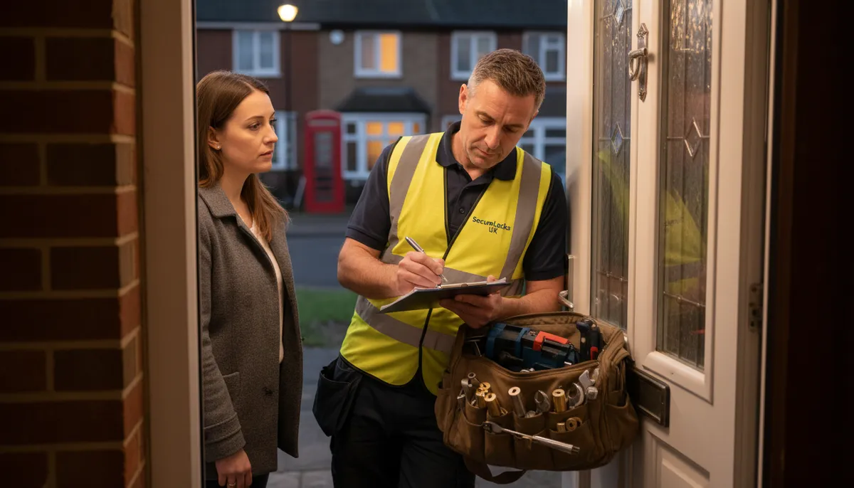 A British locksmith writing up a quote on a notepad at a customer's front door, lock mechanisms and key cutting tools visible in his open roll bag