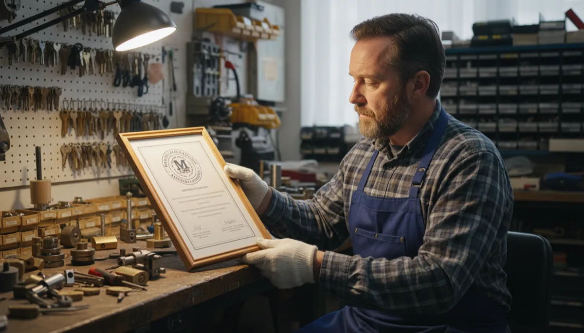 A British locksmith examining a Master Locksmiths Association (MLA) approved locksmiths certificate at his workshop bench, surrounded by lock mechanisms and keys
