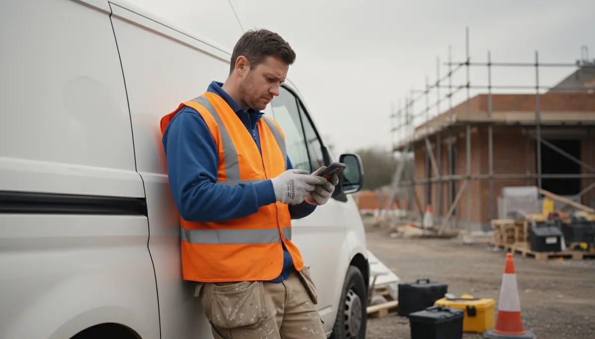 A British builder in a high-vis vest checking business enquiry notifications on a smartphone between jobs