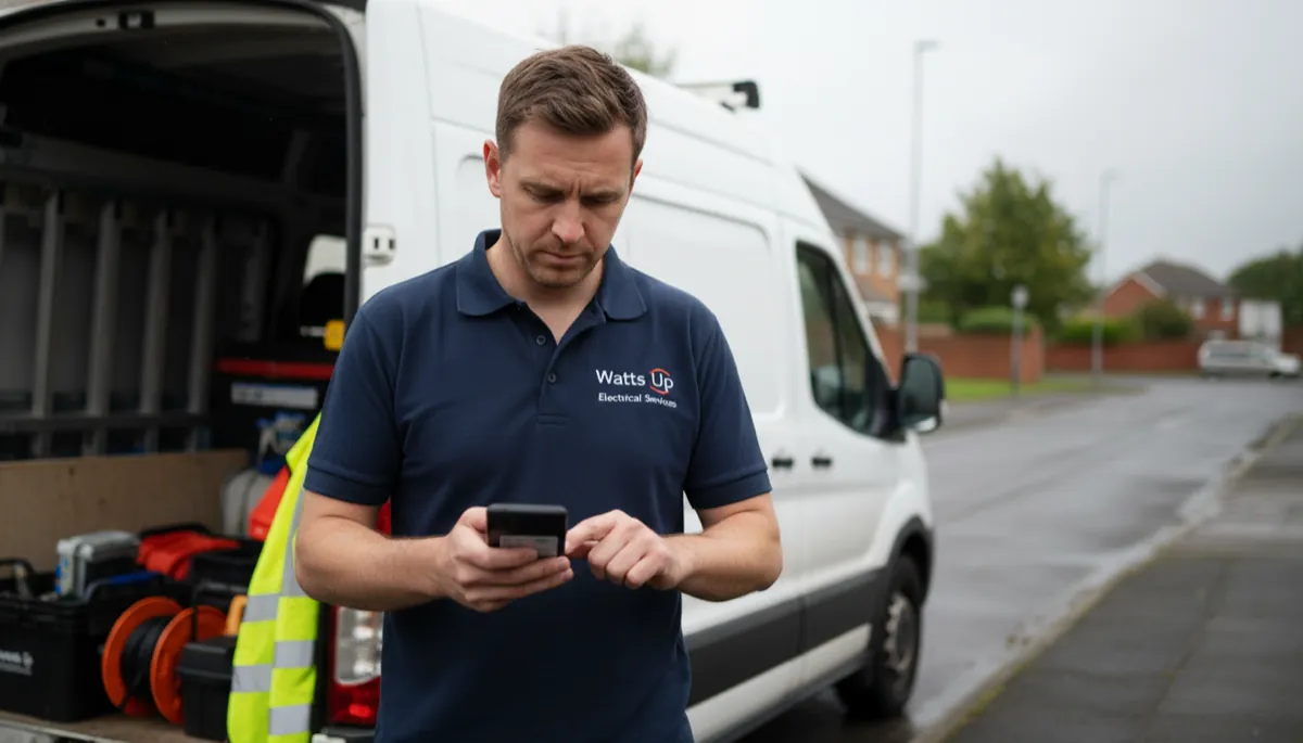 A British electrician in a navy polo checking business enquiry notifications on a smartphone between jobs