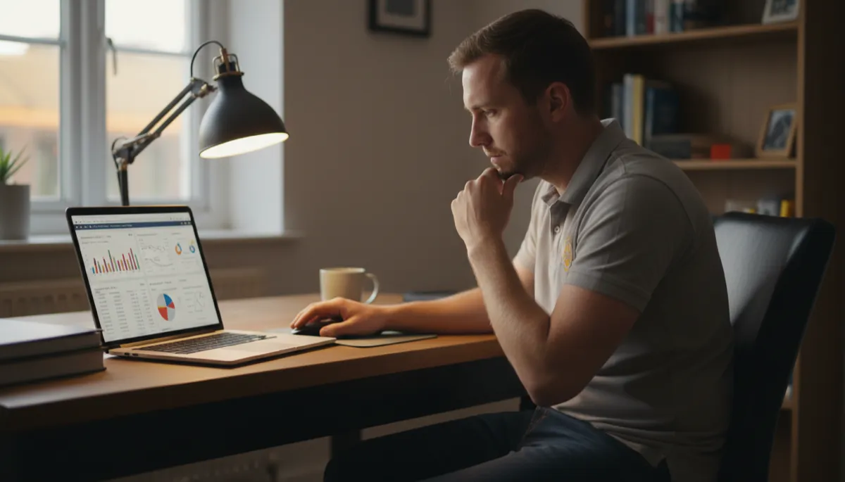 A Gas Safe heating engineer reviewing digital marketing performance results on a laptop in his home office after work