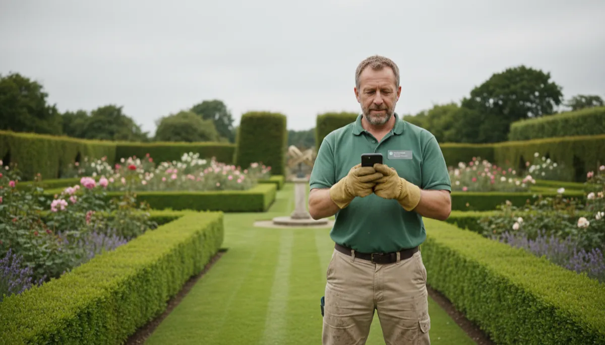 A British landscaper in work boots and gloves checking a smartphone for job inquiry messages in a beautifully maintained British garden
