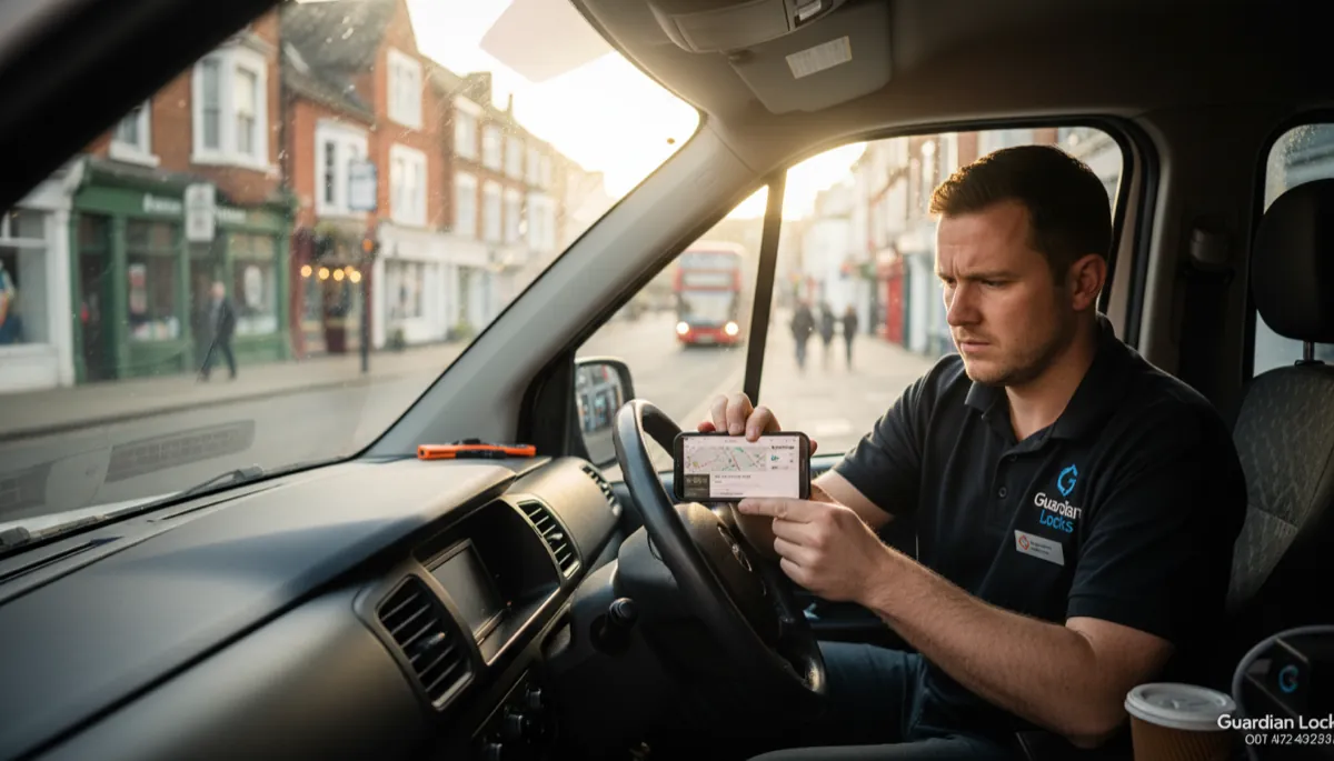 A British locksmith in a white company van reviewing Google Business Profile search results on a smartphone, a local high street visible through the windscreen