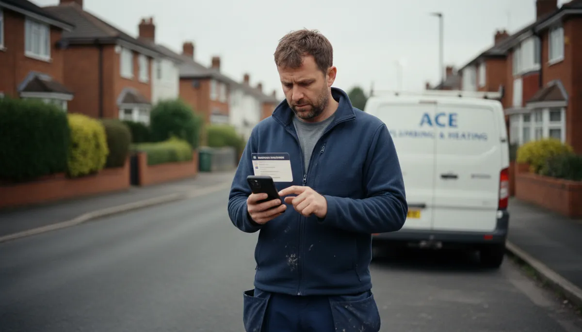A British plumber in work trousers and a fleece checking business enquiry notifications on a smartphone between jobs