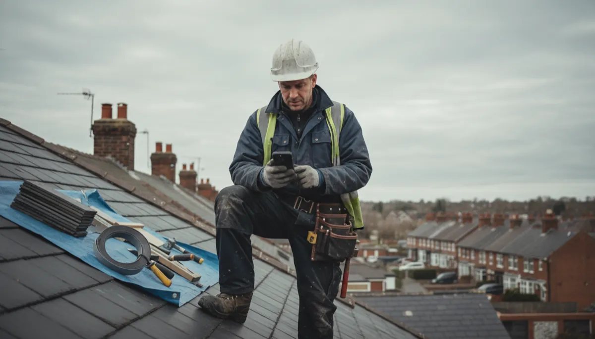 A British roofer in work gear on a roof checking business enquiry notifications on a smartphone between jobs