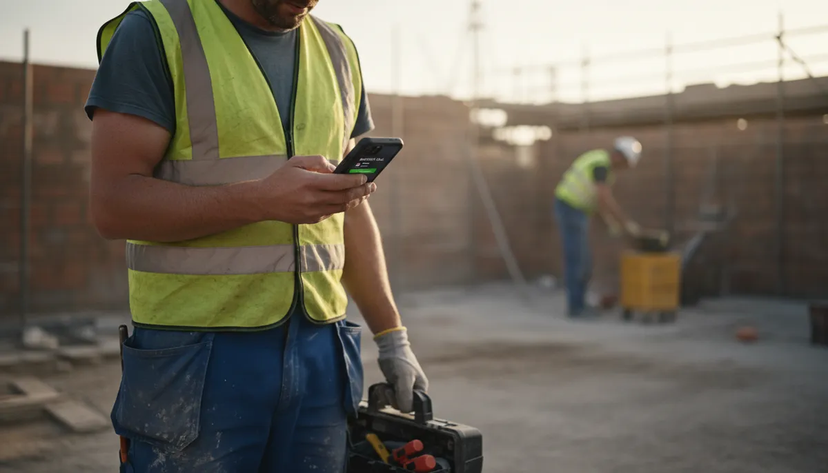 A British tradesperson in work clothes checking a text message notification on their smartphone while working on site