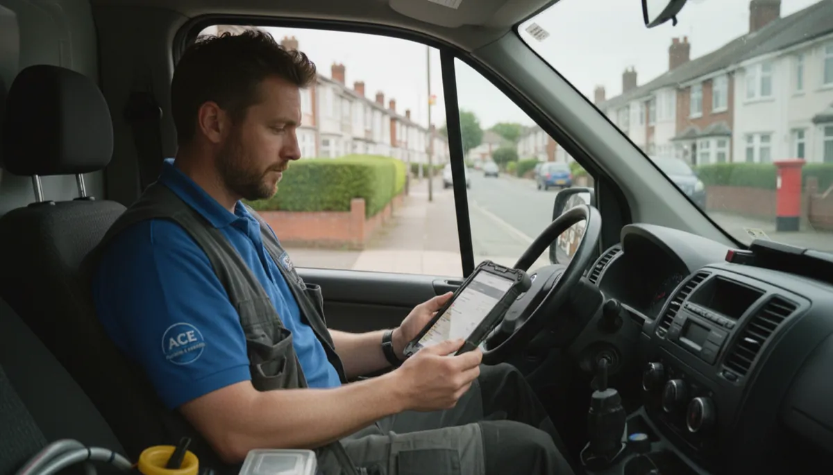 A British tradesperson in work clothes using a tablet to check a job scheduling app while sitting in the front seat of a white work van