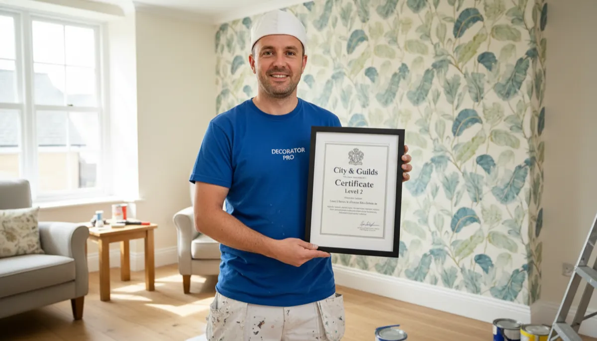 A British painter and decorator holding a City & Guilds Painting & Decorating Level 2 certificate beside a freshly wallpapered feature wall in a bright British room