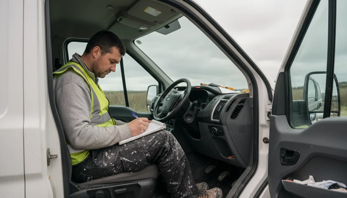 A British plasterer in work clothes calculating costs on a notepad while sitting in the front seat of a white work van