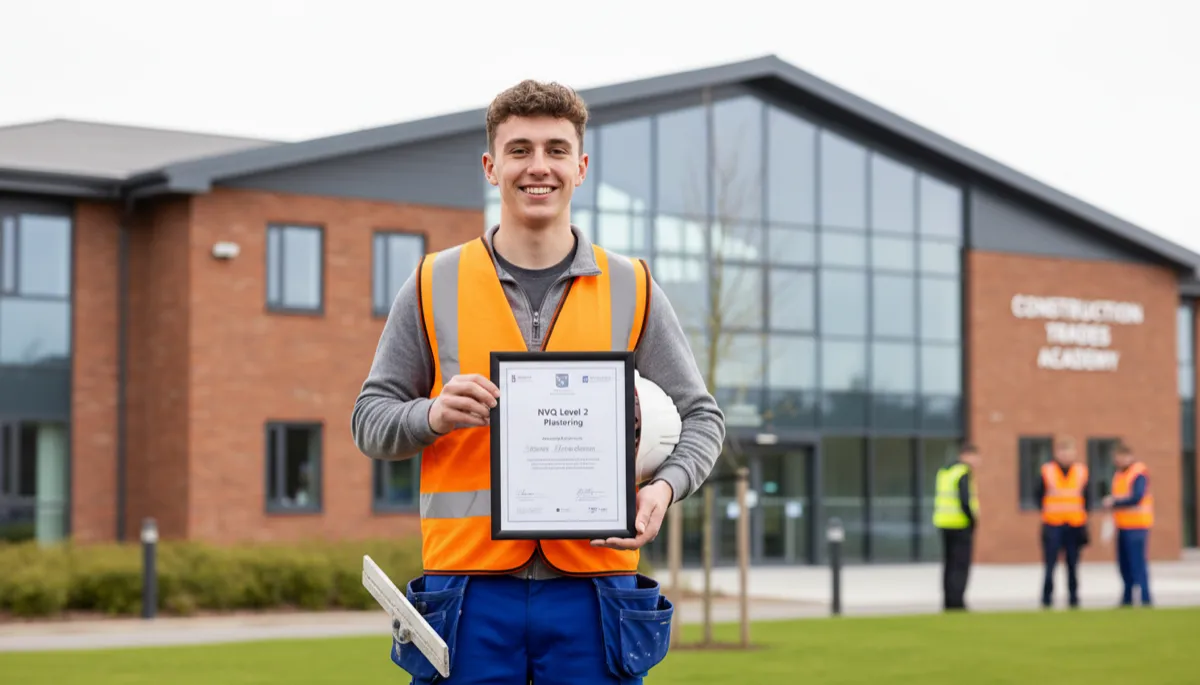 A young British plastering apprentice holding his NVQ Level 2 Plastering certificate outside a training college, hi-vis and workwear, proud expression