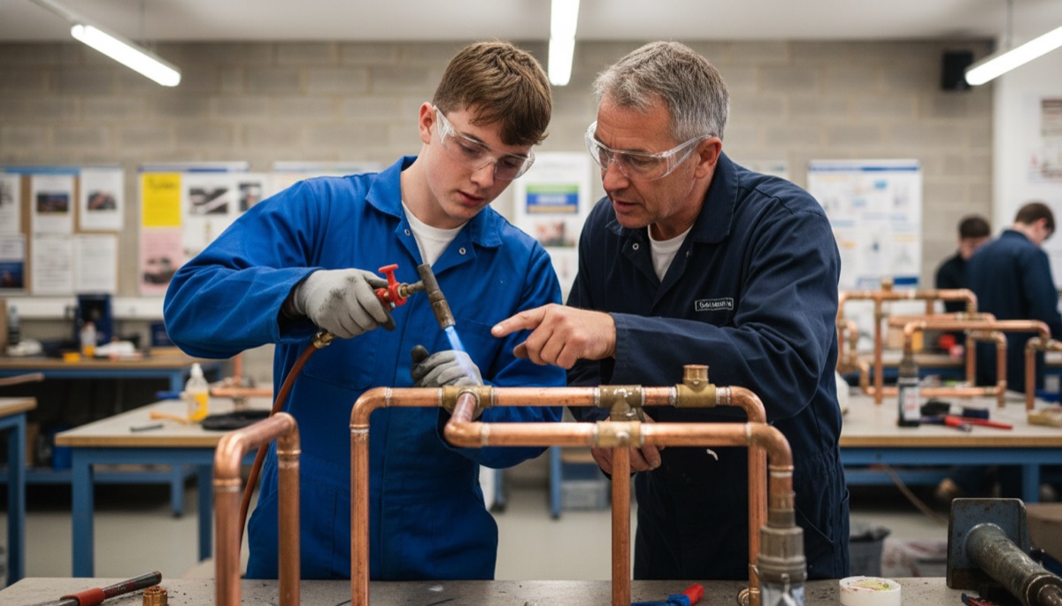 A young British plumbing apprentice learning to solder copper pipe fittings at a plumbing training rig under experienced supervision