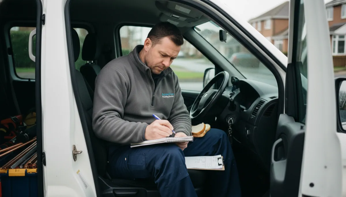 A British plumber in work trousers and a fleece calculating costs on a notepad while sitting in the front seat of a white work van