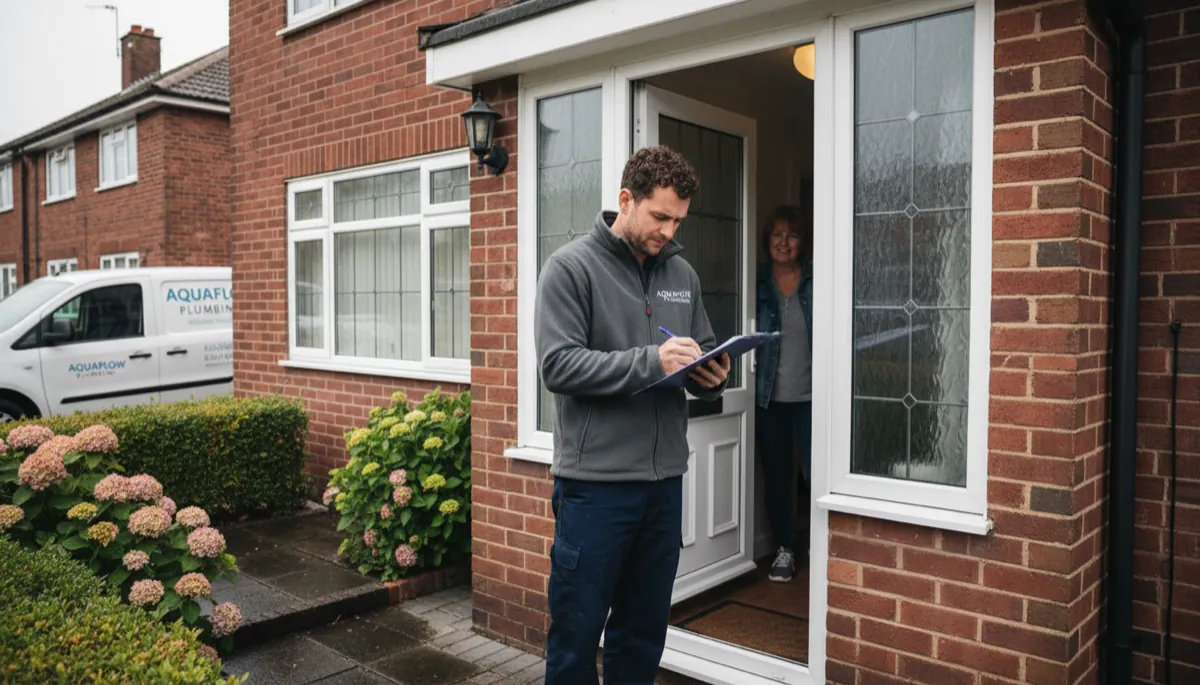 A British plumber in work trousers and a fleece writing up a quote on a clipboard while standing at a customer doorway of a British semi-detached house