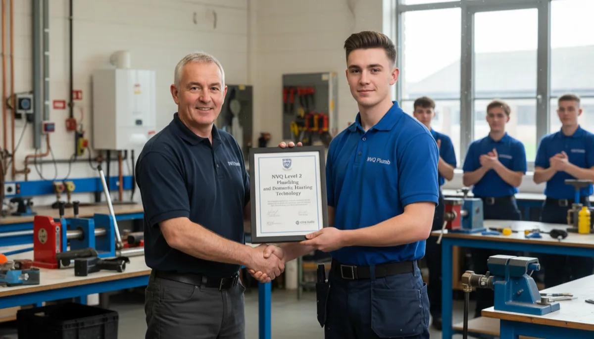 A young British plumber receiving his NVQ Level 2 Plumbing and Domestic Heating Technology certificate from a trainer at a college trade workshop