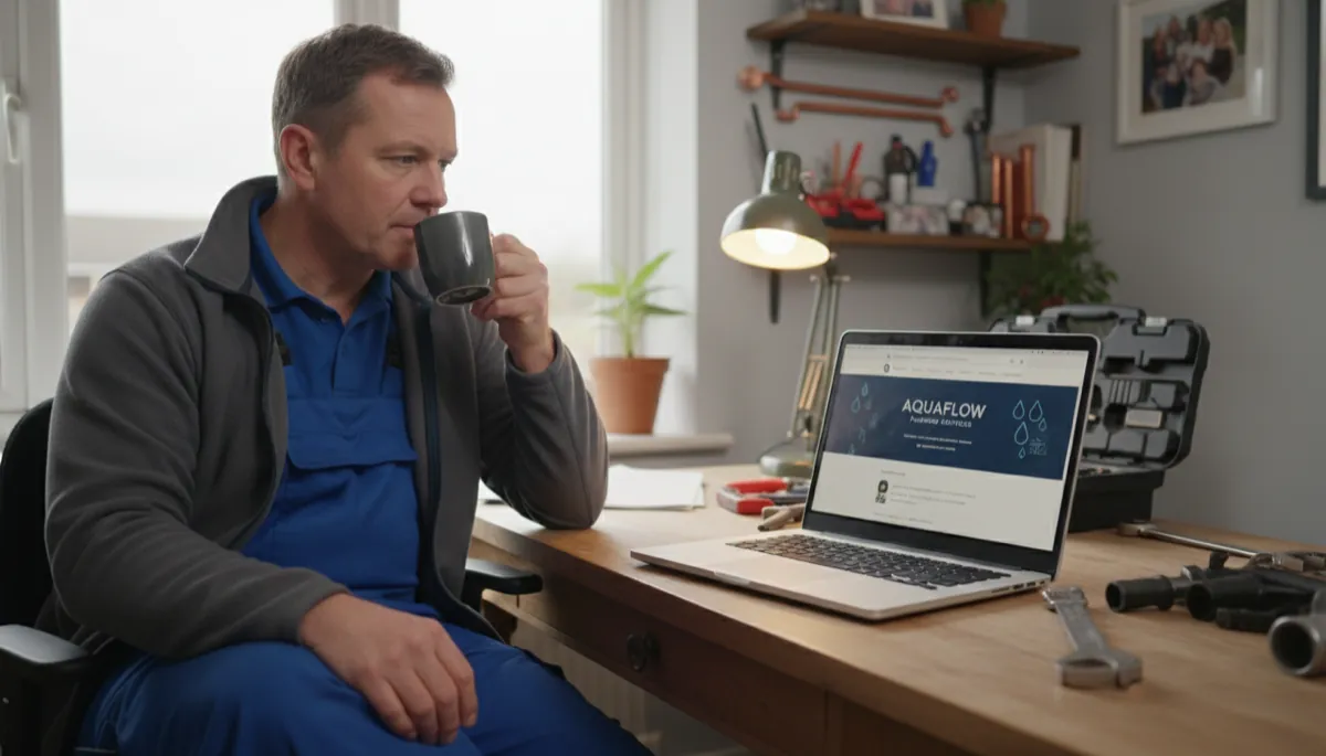 A British plumber in work trousers and a fleece looking at a professional business website on a laptop in a home office