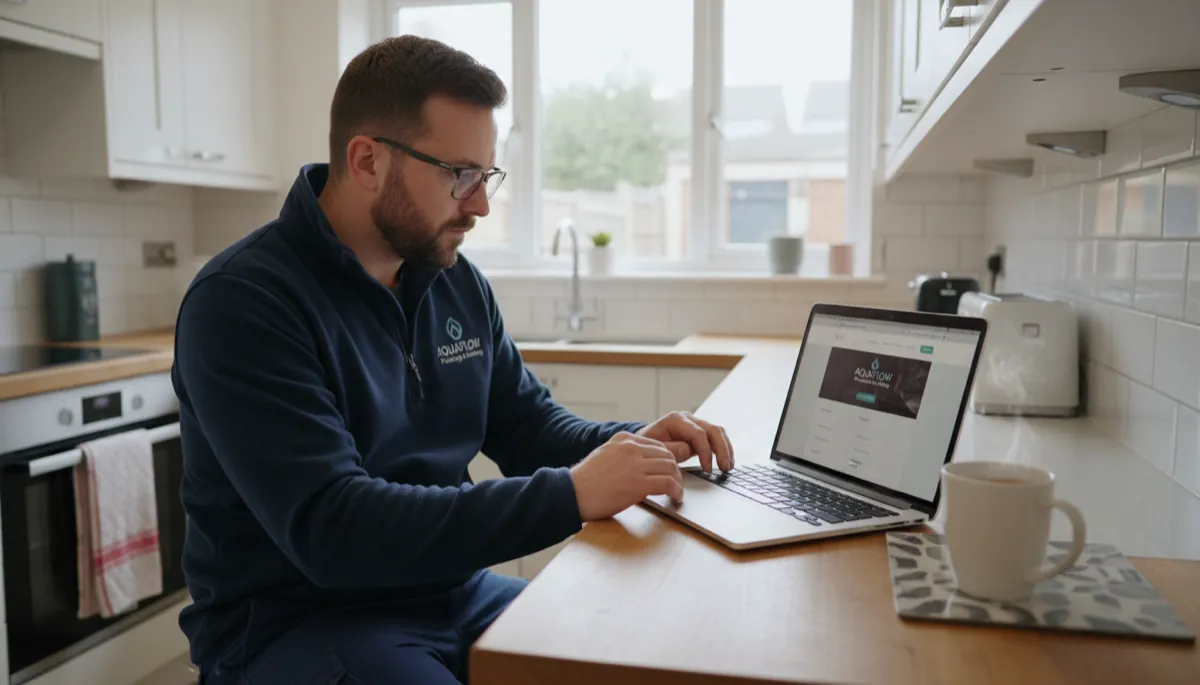 A British plumber in work trousers and a fleece looking at a professional business website on a laptop in their kitchen