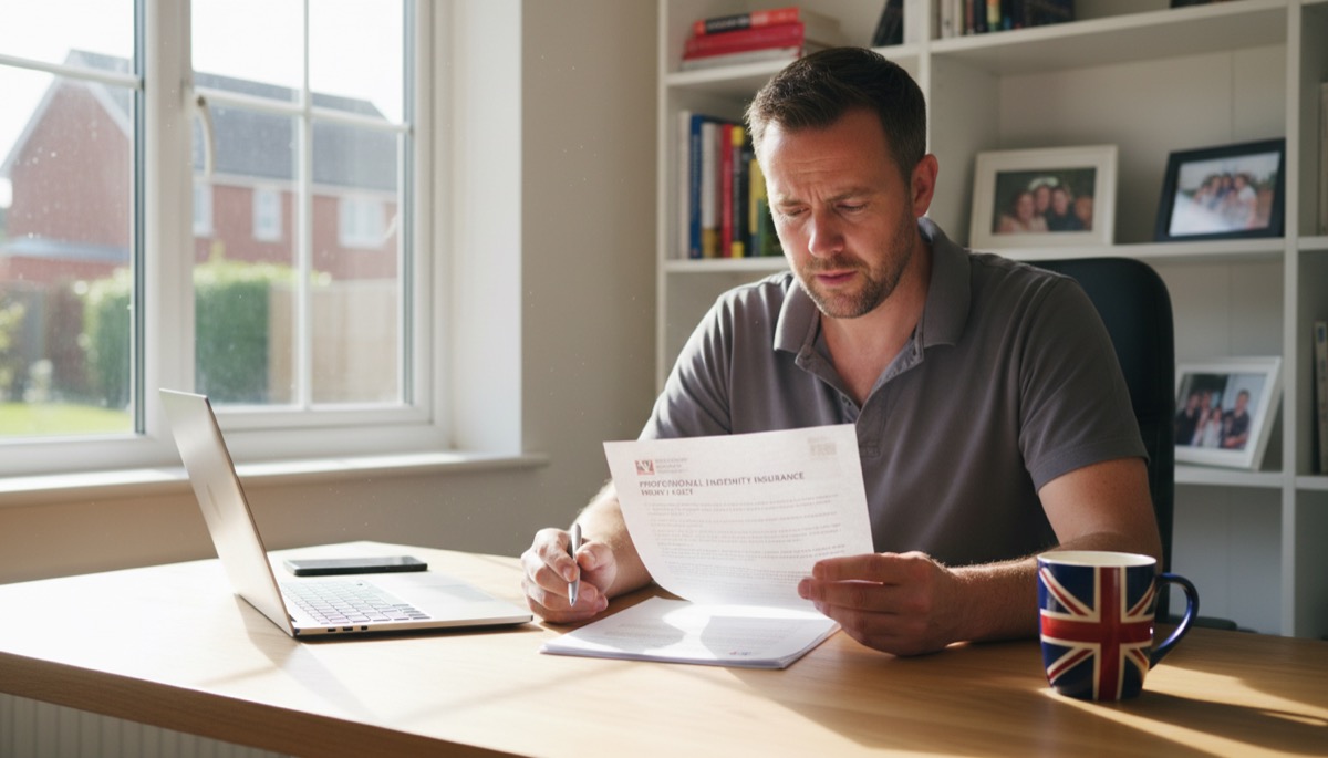 A tradesperson reviewing a professional indemnity insurance policy document at a tidy British home office desk
