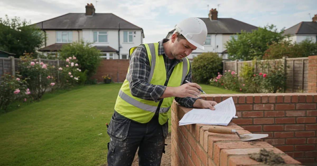 A British bricklayer reviewing insurance documents propped on a newly built garden wall