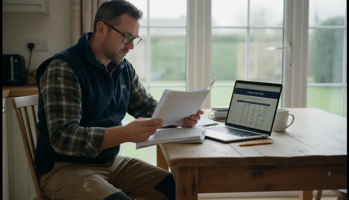 A British carpenter in work clothes calculating costs on a notepad while sitting in the front seat of a white work van